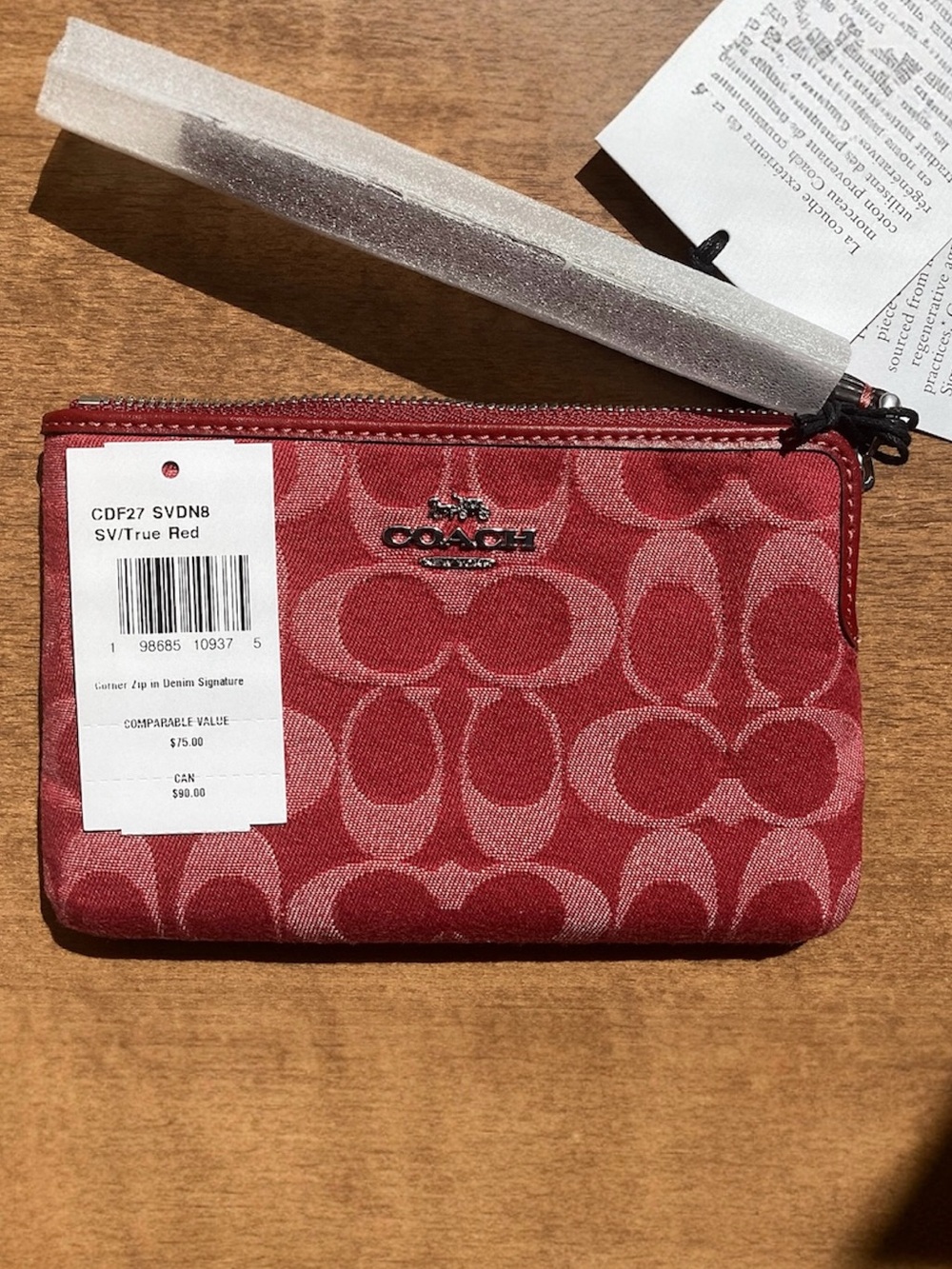 Coach Corner Zip Wristlet in Signature Denim/TrueRed, NWT